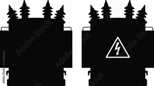 Two black electrical transformer silhouettes with warning symbol isolated on white background