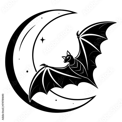 Black bat flying in front of crescent moon night animal