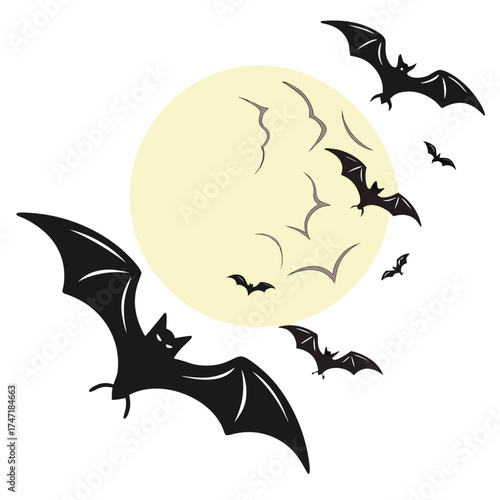Black bats flying around a pale yellow full moon night