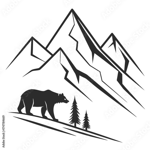 Black bear walking in front of geometric mountain range