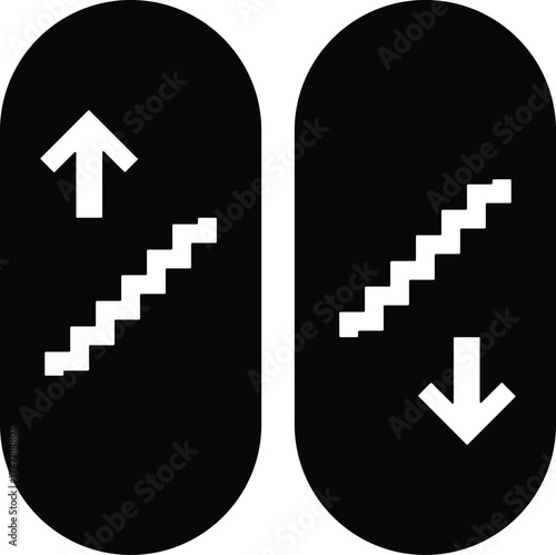 Two black oval icons showing a white silhouette of stairs with arrows indicating direction isolated on white background silhouette