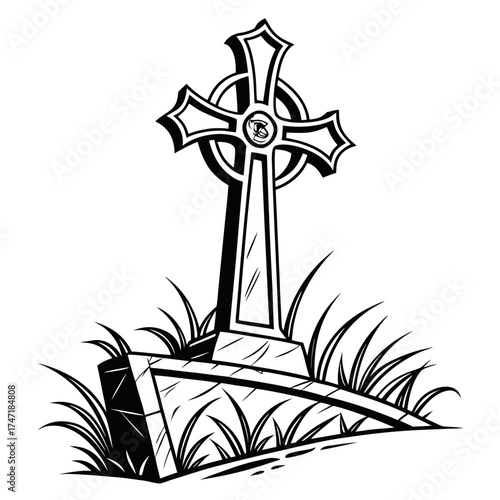 Black Celtic cross gravestone with grass tombstone