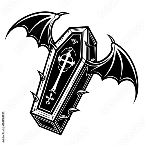 Black Coffin With Bat Wings and Spikes white gothic
