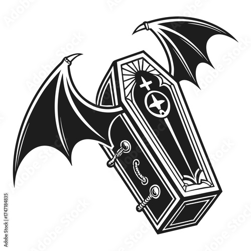 Black Coffin with Bat Wings white fantasy