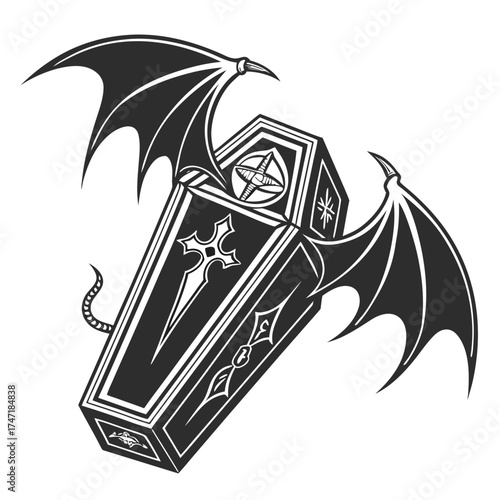 Black coffin with bat wings and gothic symbols fantasy