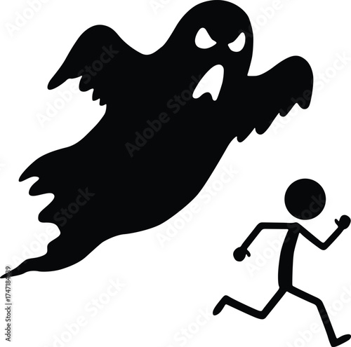 Scary ghost chasing a stick figure person in a silhouette style isolated on white background