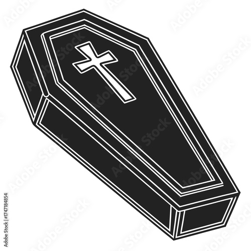 Black coffin with white cross and outline symbol