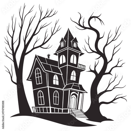 Black haunted house with bare trees spooky house mansion