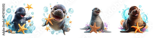Adorable sea lion characters with starfish, perfect for children's books and ocean-themed designs, conveying joy and wonder with their playful expressions