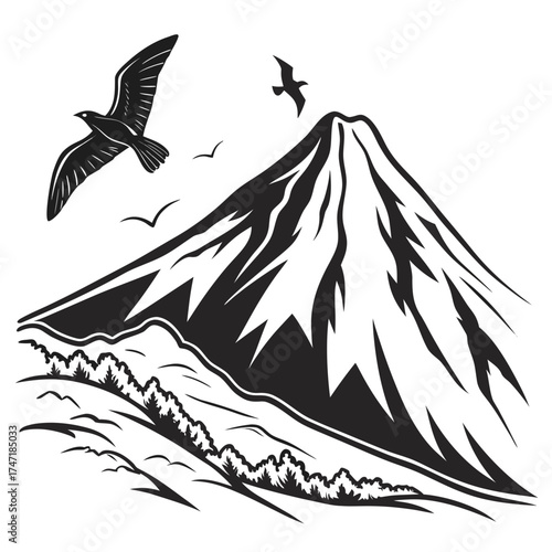 Black illustration of a volcanic mountain with birds