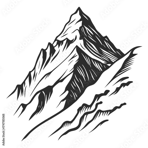 Black ink sketch of a jagged mountain peak vector
