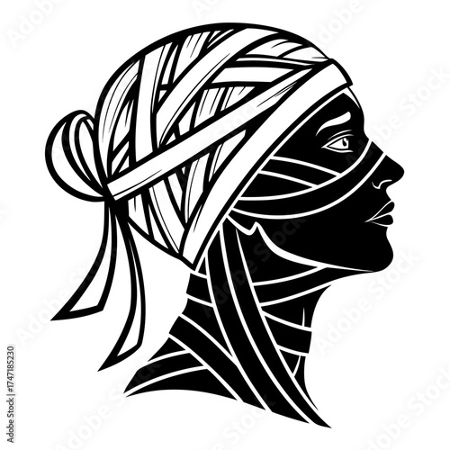Black mummy head with white bandages silhouette wrapped