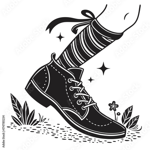 Black of a shoe with curled toe and striped sock shoe icon