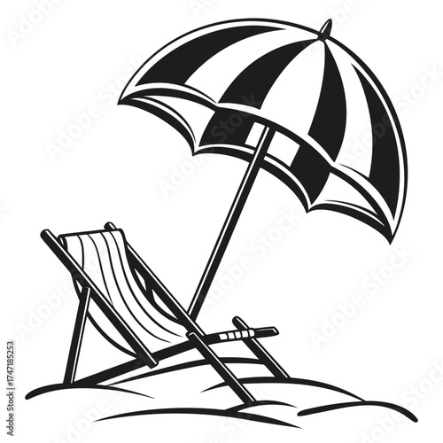 Black outline beach umbrella and chair on sand beach chair