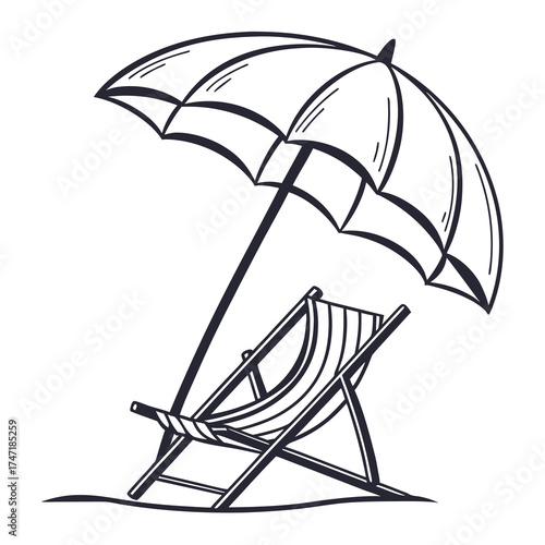 Black outline beach umbrella and striped chair deck chair