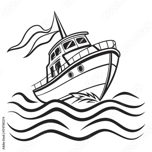 Black outline boat sailing on stylized waves ship vessel