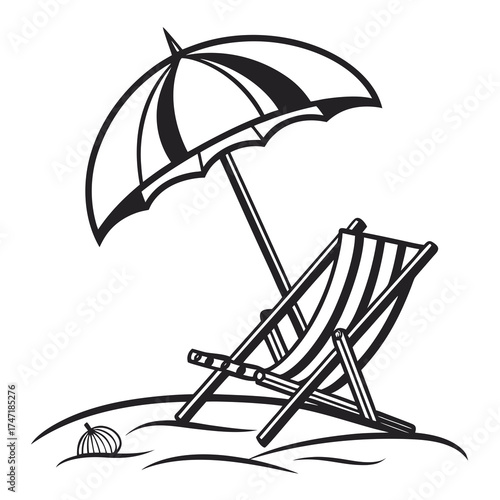 Black outline beach umbrella and striped chair on sand