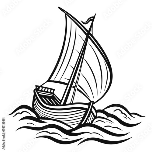 Black outline sailboat on stylized waves sailing ship
