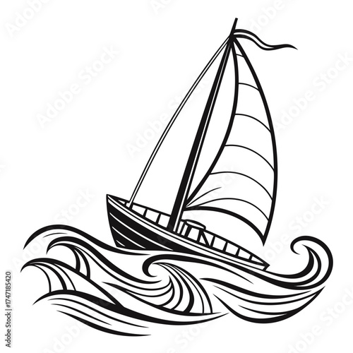 Black outline sailboat on stylized waves sailing