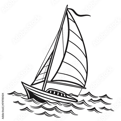 Black outline sailboat on stylized waves sailing water