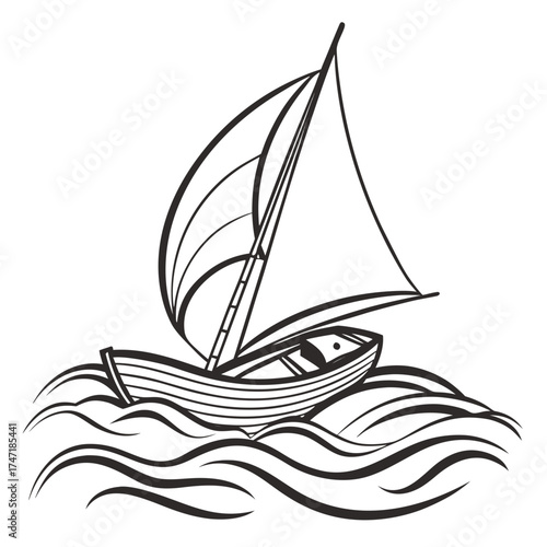 Black outline sailboat on stylized waves sailing water 1