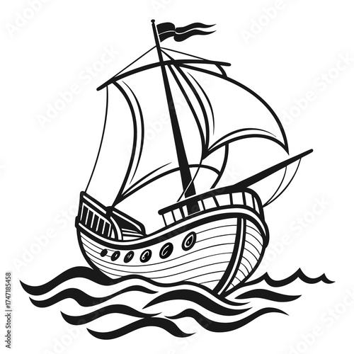 Black outline sailing ship on wavy water boat waves