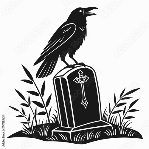 Black silhouette crow on tombstone with plants raven