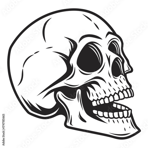 Black silhouette human skull with hollow eyes and open jaw