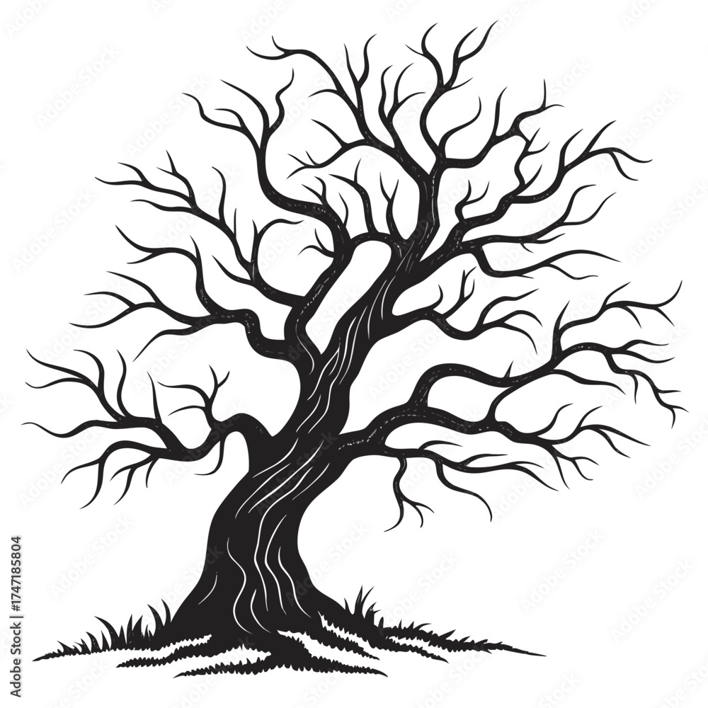 Obraz premium Black silhouette of a gnarled bare tree with crooked branches 3