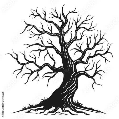 Black silhouette of a gnarled ancient tree with crooked branches