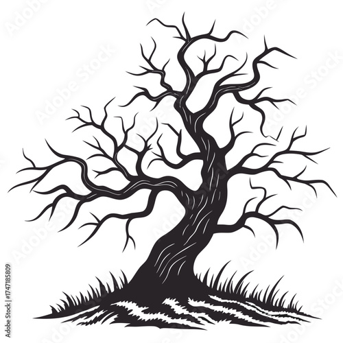 Black silhouette of a gnarled bare tree with crooked branches