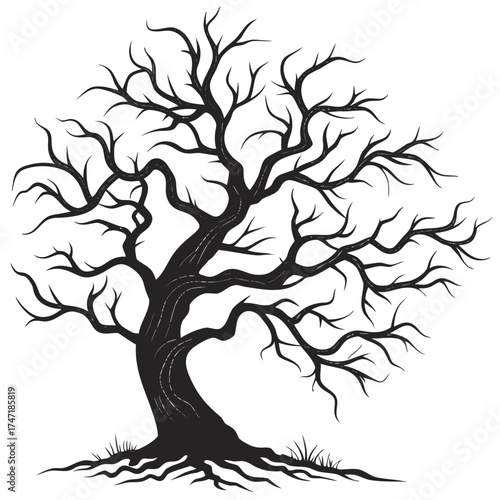 Black silhouette of a gnarled bare tree with crooked branches 5