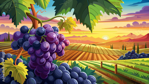 Very beautiful close-up black grapes against vineyard background with panoramic sunset view, vector-style banner illustrating winery elegance, rich colors, and the golden glow of harvest evening.