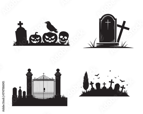 Spooky halloween silhouettes tombstones pumpkins gate and cemetery scene collection silhouette
