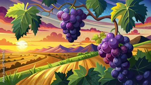 Very beautiful close-up black grapes against vineyard background with panoramic sunset view, vector-style banner illustrating winery elegance, rich colors, and the golden glow of harvest evening.
