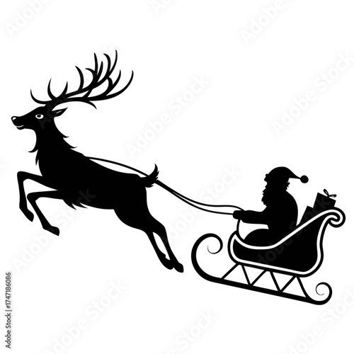 Black silhouette of reindeer pulling Santa sleigh with gifts