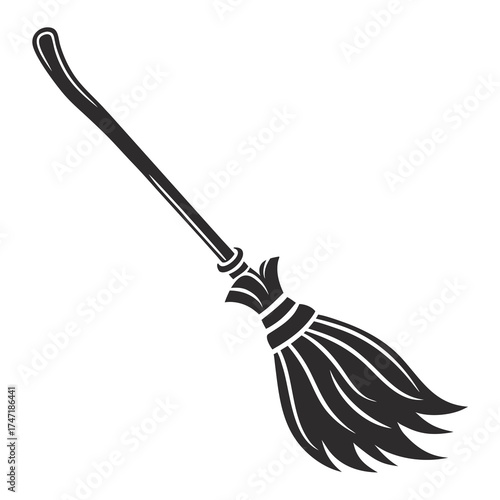 Black witch broomstick on white background vector