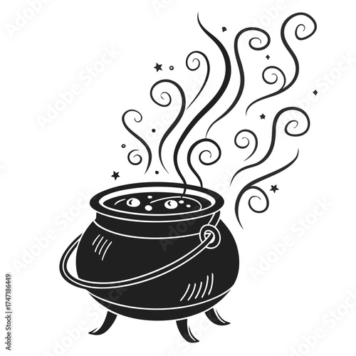 Black witch cauldron with bubbling potion and swirling steam