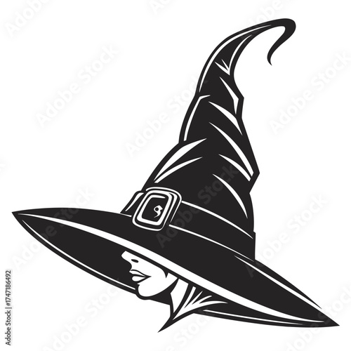 Black witch hat with buckle and face profile pointy