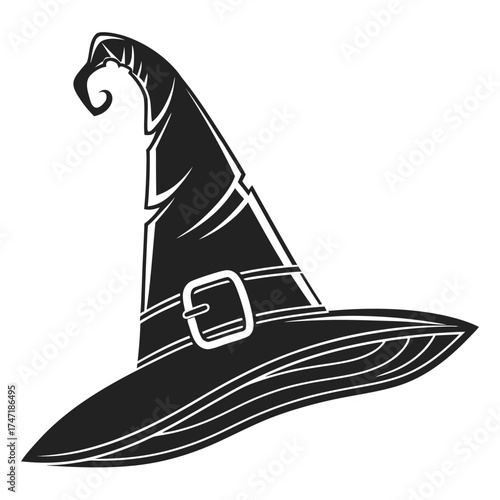 Black witch hat with white buckle and stripes pointy