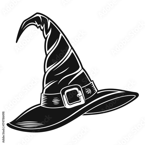 Black witch hat with buckle and curved brim white pointy