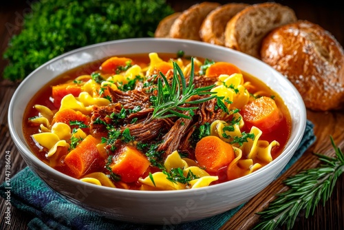 Sopa de tripas casera servida en un tazón blanco con verduras frescas