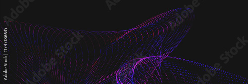 Futuristic dot wave. Abstract digital particle wave. Technology background. Colored musical wave. Dark background. Digital background with smooth, wavy curves. 3D vector illustration