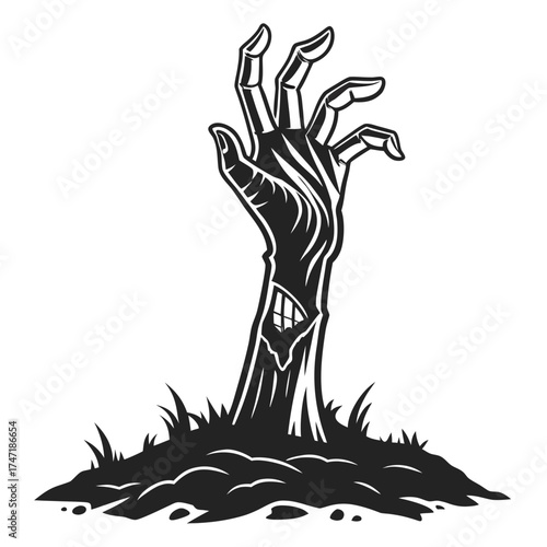 Black zombie hand rising from ground illustration