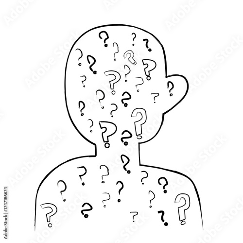 Illustration of a man with a question mark in his head, on an alpha channel background. Symbolizes curiosity, uncertainty, or pondering. Minimalist and clean design, 