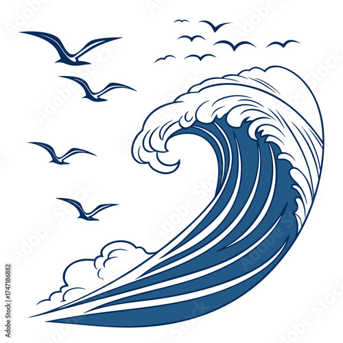 Blue wave and flying seagulls graphic ocean water