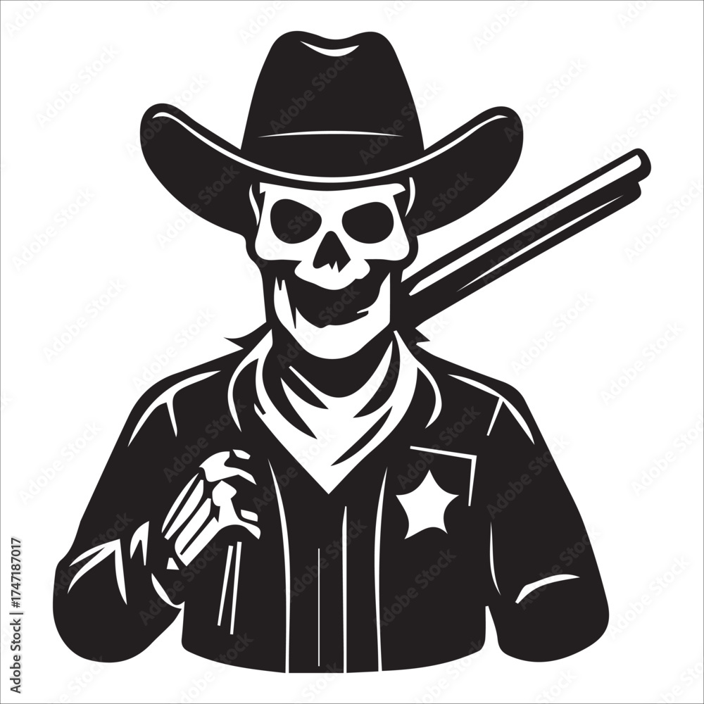 Fototapeta premium Skeleton Cowboy Holding Shotgun Vintage Western Art