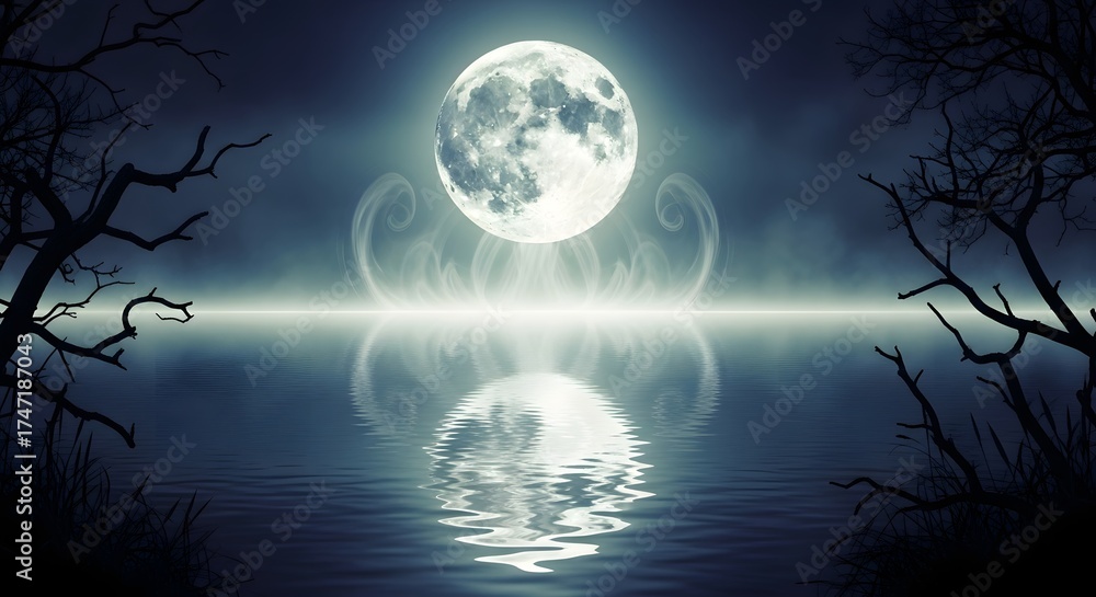 Fototapeta premium Mysterious Full Moon Reflection Over Dark Water at Night