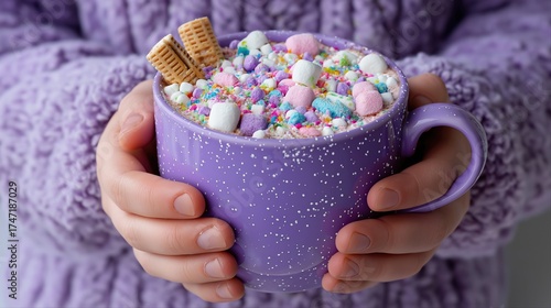 Purple mug with colorful marshmallows and wafers held by child in cozy sweater