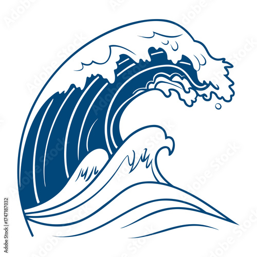 Blue wave cresting with white foam graphic ocean water